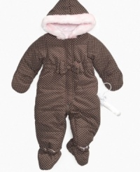 Bundle her in cuteness in this cozy hooded and footed polka-dot snowsuit from First Impressions. Bundle her in cuteness in this cozy hooded and footed polka-dot snowsuit from First Impressions.