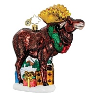 A merry moose with gold antlers standing among holiday presents wears a Christmas wreath. A merry moose with gold antlers standing among holiday presents wears a Christmas wreath.