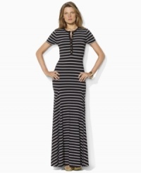 A warm-weather essential, Lauren by Ralph Lauren's chic striped maxi dress is crafted with short sleeves and a buttoned placket. A warm-weather essential, Lauren by Ralph Lauren's chic striped maxi dress is crafted with short sleeves and a buttoned placket.