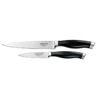 From apples to asparagus and peaches to peppers, you'll be well equipped to prepare all kinds of fresh produce with this carefully selected cutlery duo. Use the 3.5 paring knife for peeling and pitting fruits. The 6 utility knife is the perfect in-between size for dozens of daily tasks from quartering apples and potatoes to slicing cucumbers and summer squash. Full tang design provides better balance and superior strength. One piece forging of blade, bolster and tang for long-lasting durability. No parts to separate. Ergonomic grip handle uniquely contoured for one size fits all comfort. High carbon, no-stain German steel from tip to tang. Sharpens more easily than ordinary stainless and maintains its edge longer. Resists rust, stains, discoloration. Each knife type individually balanced for efficiency and comfort. Fully tapered from cutting edge to spine and from tip to heel for superior strength and greater cutting versatility. Hand-ground to a perfect, equal edge and fine satin finish. Patented handle labels make knife identification easy. From apples to asparagus and peaches to peppers, you'll be well equipped to prepare all kinds of fresh produce with this carefully selected cutlery duo. Use the 3.5 paring knife for peeling and pitting fruits. The 6 utility knife is the perfect in-between size for dozens of daily tasks from quartering apples and potatoes to slicing cucumbers and summer squash. Full tang design provides better balance and superior strength. One piece forging of blade, bolster and tang for long-lasting durability. No parts to separate. Ergonomic grip handle uniquely contoured for one size fits all comfort. High carbon, no-stain German steel from tip to tang. Sharpens more easily than ordinary stainless and maintains its edge longer. Resists rust, stains, discoloration. Each knife type individually balanced for efficiency and comfort. Fully tapered from cutting edge to spine and from tip to heel for superior strength and greater cutting versatility. Hand-ground to a perfect, equal edge and fine satin finish. Patented handle labels make knife identification easy.