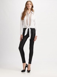 Long and lean, skinny pants with a butter-soft leather front and cotton back. Classic waist darts shape the body as ankle zippers offer a fashion-forward look.Side zipperAnkle zippersWaist darts at backInseam, about 28Front: leatherBack: rayon/nylon/elastaneDry clean by leather specialistImported Model shown is 5'10 (177cm) wearing US size 4. This style runs true to size. We recommend ordering your usual size for a standard fit. Long and lean, skinny pants with a butter-soft leather front and cotton back. Classic waist darts shape the body as ankle zippers offer a fashion-forward look.Side zipperAnkle zippersWaist darts at backInseam, about 28Front: leatherBack: rayon/nylon/elastaneDry clean by leather specialistImported Model shown is 5'10 (177cm) wearing US size 4. This style runs true to size. We recommend ordering your usual size for a standard fit.