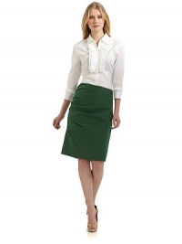 THE LOOKShirt collarFront button closure with pleated, ruffled placketThree-quarter length sleeves with button cuffs and pleated, ruffled detailsPrincess seams and dartsTHE FITAbout 22 from shoulder to hemTHE MATERIAL72% cotton/24% nylon/4% elastaneCARE & ORIGINDry cleanImportedModel shown is 5'10 (177cm) wearing US size 4. THE LOOKShirt collarFront button closure with pleated, ruffled placketThree-quarter length sleeves with button cuffs and pleated, ruffled detailsPrincess seams and dartsTHE FITAbout 22 from shoulder to hemTHE MATERIAL72% cotton/24% nylon/4% elastaneCARE & ORIGINDry cleanImportedModel shown is 5'10 (177cm) wearing US size 4.