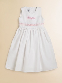 A classic look for adorable girls everywhere, shaped from soft cotton piqué with a grosgrain ribbon waist and pretty pink trim. Back button closure Gathered empire waist Cotton Machine wash Made in USA FOR PERSONALIZATION Select a quantity, then scroll down and click on PERSONALIZE & ADD TO BAG to choose and preview your personalization options. Please allow 2 weeks for delivery. A classic look for adorable girls everywhere, shaped from soft cotton piqué with a grosgrain ribbon waist and pretty pink trim. Back button closure Gathered empire waist Cotton Machine wash Made in USA FOR PERSONALIZATION Select a quantity, then scroll down and click on PERSONALIZE & ADD TO BAG to choose and preview your personalization options. Please allow 2 weeks for delivery.