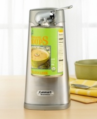 Give your wrist a rest. An attractive and compact countertop addition, this brushed stainless steel automatic can opener features an extra-wide base and heavy construction to prevent tipping. Single touch, one-finger operation sets the razor-sharp pewter blade in motion, opening cans with ease and saving you time and energy. Three-year limited warranty. Give your wrist a rest. An attractive and compact countertop addition, this brushed stainless steel automatic can opener features an extra-wide base and heavy construction to prevent tipping. Single touch, one-finger operation sets the razor-sharp pewter blade in motion, opening cans with ease and saving you time and energy. Three-year limited warranty.