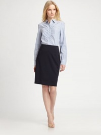 A classic button-down style complemented by allover stripes and an intriguing, gathered front.Collar neckButton detail on long sleevesGathered front detailsButton frontBack seamAbout 25 from shoulder to hemCottonHand washImported A classic button-down style complemented by allover stripes and an intriguing, gathered front.Collar neckButton detail on long sleevesGathered front detailsButton frontBack seamAbout 25 from shoulder to hemCottonHand washImported