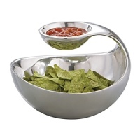 When you serve your guests with this modern, two-tiered piece in metal alloy, you're also serving up a conversation-starter. A smaller vessel hangs over the larger bowl in agraceful arc, allowing for easy, all-in-one-place dipping. Place chips and salsa, vegetables and guacamole, or virtually any other gastronomic pairing in this swan-like server, and wait for the inevitable compliments. When your friends have gone home for the evening, fill the bottom with stones and place a tea light in the upper bowl for an elegant non-mealtime look.