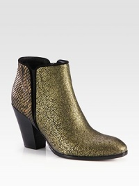 Trend-worthy silhouette of snake-embossed metallic leather with suede trim, a stacked heel and elastic side gores. Stacked heel, 3½ (90mm)Snake-embossed metallic leather upper with suede trim and side elastic goresSide zipLeather lining and solePadded insoleMade in Italy Trend-worthy silhouette of snake-embossed metallic leather with suede trim, a stacked heel and elastic side gores. Stacked heel, 3½ (90mm)Snake-embossed metallic leather upper with suede trim and side elastic goresSide zipLeather lining and solePadded insoleMade in Italy