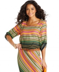 The peasant top gets a bright and bold update from Cha Cha Vente, thanks to allover diagonal stripes. The peasant top gets a bright and bold update from Cha Cha Vente, thanks to allover diagonal stripes.
