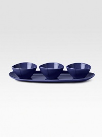 A clean, modern design in porcelain, saturated with the kind of versatility and rich color that brings any table alive. From the Pebblestone CollectionIncludes bowl & spoonPorcelainTray: 14W X 6½LBowl: 2H X 4 diam.Microwave- & dishwasher-safeImported A clean, modern design in porcelain, saturated with the kind of versatility and rich color that brings any table alive. From the Pebblestone CollectionIncludes bowl & spoonPorcelainTray: 14W X 6½LBowl: 2H X 4 diam.Microwave- & dishwasher-safeImported