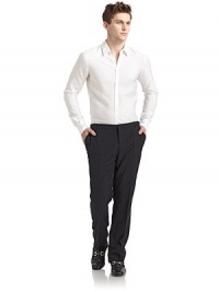 THE LOOKWaistband with belt loopsZip fly with slide tab closureAngled front pocketsBack welt pockets with button closuresAdjustable tabs at back waistbandTHE FITRise, about 10Inseam, about 33THE MATERIAL85% wool/15% silkFully linedCARE & ORIGINDry cleanMade in Italy THE LOOKWaistband with belt loopsZip fly with slide tab closureAngled front pocketsBack welt pockets with button closuresAdjustable tabs at back waistbandTHE FITRise, about 10Inseam, about 33THE MATERIAL85% wool/15% silkFully linedCARE & ORIGINDry cleanMade in Italy