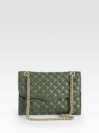 Luxurious leather in an elegant quilted design accented with edgy studs throughout.Adjustable chain and leather shoulder strap, 13 or 24½ dropMagnetic snap flap closureOne outside open pocketSnap button gussetsOne inside zip pocketTwo inside open pocketsCotton lining11W X 7½H X 2½DImported Luxurious leather in an elegant quilted design accented with edgy studs throughout.Adjustable chain and leather shoulder strap, 13 or 24½ dropMagnetic snap flap closureOne outside open pocketSnap button gussetsOne inside zip pocketTwo inside open pocketsCotton lining11W X 7½H X 2½DImported