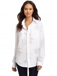 THE LOOKPoint collarButton frontDistressed and frayed details throughoutDual chest patch pocketsLong sleeves with button cuffsTHE FITAbout 29 from shoulder to hemTHE MATERIALCotton/polyester/spandexCARE & ORIGINMachine washMade in USAModel shown is 5'8 (172½cm) wearing US size Small. THE LOOKPoint collarButton frontDistressed and frayed details throughoutDual chest patch pocketsLong sleeves with button cuffsTHE FITAbout 29 from shoulder to hemTHE MATERIALCotton/polyester/spandexCARE & ORIGINMachine washMade in USAModel shown is 5'8 (172½cm) wearing US size Small.