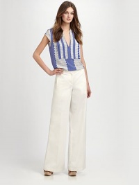 Bold tile stripes give this pleated silk topper graphic appeal.Band collarV necklineCap sleevesPleated front bibBack yoke and box pleatAbout 28 from shoulder to hemSilkDry cleanImportedModel shown is 5'9 (175cm) wearing US size 4. Bold tile stripes give this pleated silk topper graphic appeal.Band collarV necklineCap sleevesPleated front bibBack yoke and box pleatAbout 28 from shoulder to hemSilkDry cleanImportedModel shown is 5'9 (175cm) wearing US size 4.