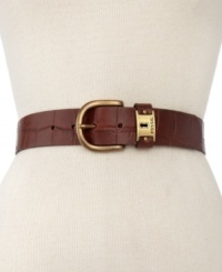 Rock this croc-embossed leather belt from Fossil, featuring a signature-embossed keeper and brass-tone buckle. Pair it with your favorite cardigan or chic sweater dress. Rock this croc-embossed leather belt from Fossil, featuring a signature-embossed keeper and brass-tone buckle. Pair it with your favorite cardigan or chic sweater dress.
