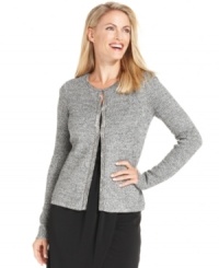 Nubby metallic knit and beaded trim combine for a couture-inspired petite cardigan from Charter Club. Nubby metallic knit and beaded trim combine for a couture-inspired petite cardigan from Charter Club.