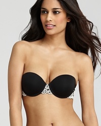 A pretty strapless bra with signature floral lace detail along center front and wings. A pretty strapless bra with signature floral lace detail along center front and wings.