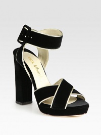 Wide bands of velvet with metallic leather trim wrap around this lust-worthy elevated silhouette. Self-covered heel, 4½ (115mm)Covered platform, ¾ (20mm)Compares to a 3¾ heel (95mm)Velvet upper with metallic leather trimAdjustable ankle strapLeather lining and solePadded insoleMade in Italy Wide bands of velvet with metallic leather trim wrap around this lust-worthy elevated silhouette. Self-covered heel, 4½ (115mm)Covered platform, ¾ (20mm)Compares to a 3¾ heel (95mm)Velvet upper with metallic leather trimAdjustable ankle strapLeather lining and solePadded insoleMade in Italy
