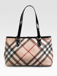 A multi-use carryall in classic check with shiny patent trim. Shoulder strap, 7½ drop Zip closure One inner zip and two open pockets Nylon lining 14W X 9H X 5½D PVC Imported A multi-use carryall in classic check with shiny patent trim. Shoulder strap, 7½ drop Zip closure One inner zip and two open pockets Nylon lining 14W X 9H X 5½D PVC Imported