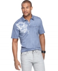 Give some edge to your polo style with this shirt with epaulet and graphic details from Marc Ecko Cut & Sew. Give some edge to your polo style with this shirt with epaulet and graphic details from Marc Ecko Cut & Sew.