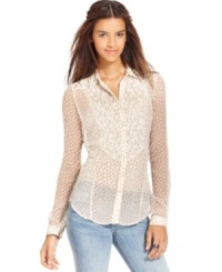 Lace and a floral print adds feminine flair to this Free People chiffon blouse for a pretty fall look! Lace and a floral print adds feminine flair to this Free People chiffon blouse for a pretty fall look!