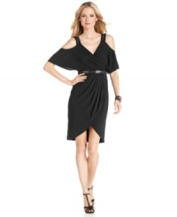 Maggy London mixes elegance and edge for this tulip-hem dress, featuring brilliant beading and a sexy split sleeve design. A soft fabric means the perfect wrap-like drape through the bodice and skirt. Maggy London mixes elegance and edge for this tulip-hem dress, featuring brilliant beading and a sexy split sleeve design. A soft fabric means the perfect wrap-like drape through the bodice and skirt.