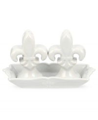 Shaped like the iconic lilies, Fleur de Lys salt and pepper shakers from Portmeirion set tables in the French tradition. Featuring cool gray stoneware in a scalloped dish for an extra dash of elegance every day. Shaped like the iconic lilies, Fleur de Lys salt and pepper shakers from Portmeirion set tables in the French tradition. Featuring cool gray stoneware in a scalloped dish for an extra dash of elegance every day.