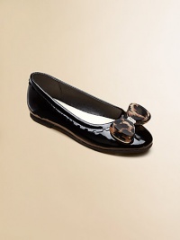 Shiny patent leather flats are adorned with a shimmery bow for pretty little feet.Slip-onPatent leather upperPolyurethane liningRubber solePadded insoleImported Shiny patent leather flats are adorned with a shimmery bow for pretty little feet.Slip-onPatent leather upperPolyurethane liningRubber solePadded insoleImported