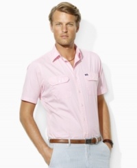 Crafted for a trim, modern fit, a classic military shirt is updated for the season in light-as-air cotton poplin with short sleeves for a breathable finish. Crafted for a trim, modern fit, a classic military shirt is updated for the season in light-as-air cotton poplin with short sleeves for a breathable finish.