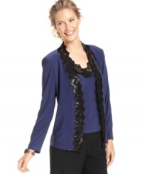 This sparkling evening set features a chic open-front jacket and sleeveless top both bedecked with a zigzag of sequined trim at the neck and front placket. Pair with black pants and a shimmery heel for party perfection! This sparkling evening set features a chic open-front jacket and sleeveless top both bedecked with a zigzag of sequined trim at the neck and front placket. Pair with black pants and a shimmery heel for party perfection!