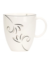 A fluid contemporary pattern with subtle shimmer dances along the edging of this mug. As a stylish accent for entertaining or a simple way to spruce up an everyday meal, the Voila collection always looks right. A fluid contemporary pattern with subtle shimmer dances along the edging of this mug. As a stylish accent for entertaining or a simple way to spruce up an everyday meal, the Voila collection always looks right.