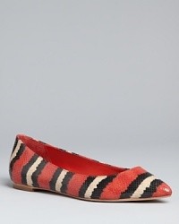 Loeffler Randall takes an unmistakably unique stance on the exotics trend in these fantastical pointed toe flats, which boast bold, king-snake inspired stripes. Loeffler Randall takes an unmistakably unique stance on the exotics trend in these fantastical pointed toe flats, which boast bold, king-snake inspired stripes.