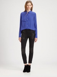 Designed with just enough stretch to catch eyes, these figure-slimming ponte pants finish the look with soft leather panels and zippered trim. Button frontZip flyZippered slash pocketsZippered cuffsRise, about 9Inseam, about 26Body: 47% viscose/27% nylon/21% polyester/5% elastaneTrim: LeatherDry clean with leather specialistImportedModel shown is 5'10 (177cm) wearing US size 4. Designed with just enough stretch to catch eyes, these figure-slimming ponte pants finish the look with soft leather panels and zippered trim. Button frontZip flyZippered slash pocketsZippered cuffsRise, about 9Inseam, about 26Body: 47% viscose/27% nylon/21% polyester/5% elastaneTrim: LeatherDry clean with leather specialistImportedModel shown is 5'10 (177cm) wearing US size 4.