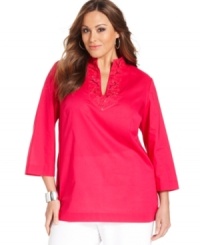 Add a polished touch to your casual wardrobe with Jones New York Signature's three-quarter sleeve plus size tunic top, finished by a beaded neckline. Add a polished touch to your casual wardrobe with Jones New York Signature's three-quarter sleeve plus size tunic top, finished by a beaded neckline.