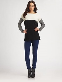 Slouchy-chic boatneck of wool and cashmere has dropped shoulders, long dolman sleeves and a modern colorblock pattern. BoatneckDropped shouldersLong dolman sleevesHi-low hem hits below the hips70% wool/30% cashmereDry cleanImportedModel shown is 5'10 (177cm) wearing US size Small. Slouchy-chic boatneck of wool and cashmere has dropped shoulders, long dolman sleeves and a modern colorblock pattern. BoatneckDropped shouldersLong dolman sleevesHi-low hem hits below the hips70% wool/30% cashmereDry cleanImportedModel shown is 5'10 (177cm) wearing US size Small.