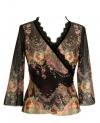 Black Wrap Shirt by Michal Negrin with Victorian Roses Rich Pattern, 3/4 Kimono Sleeves, Scalloped Edge Lace and Velvet Trim; Handmade in Israel - Size M