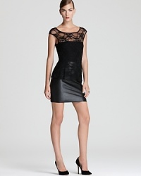 Lace & faux leather lend a trend-right look to Bailey 44's downtown-cool peplum dress. Lace & faux leather lend a trend-right look to Bailey 44's downtown-cool peplum dress.