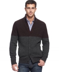 Bold colorblocking gives this mock-neck cardigan from Kenneth Cole Reaction style from top to bottom. Bold colorblocking gives this mock-neck cardigan from Kenneth Cole Reaction style from top to bottom.