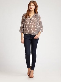 A muted dove print on airy chiffon, gathered and pleated in a shapely blouson silhouette.Band collarButton-down placketGathered sleevesPleated shouldersHem longer in backBack gathered below yokeAbout 22 from shoulder to hemPolyesterDry cleanImportedModel shown is 5'8½ (174cm) wearing US size 4. A muted dove print on airy chiffon, gathered and pleated in a shapely blouson silhouette.Band collarButton-down placketGathered sleevesPleated shouldersHem longer in backBack gathered below yokeAbout 22 from shoulder to hemPolyesterDry cleanImportedModel shown is 5'8½ (174cm) wearing US size 4.