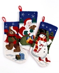 Have a tight-knit holiday. Adorable Christmas stockings sewn with a bear, Santa and snowman are gifts in themselves at nearly two feet long with festive snowflake trim. Each reverses to solid red. Have a tight-knit holiday. Adorable Christmas stockings sewn with a bear, Santa and snowman are gifts in themselves at nearly two feet long with festive snowflake trim. Each reverses to solid red.