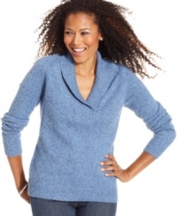 Karen Scott's soft sweater features chic marled knit and a cozy shawl collar. Pair it with jeans for essential weekend style! Karen Scott's soft sweater features chic marled knit and a cozy shawl collar. Pair it with jeans for essential weekend style!