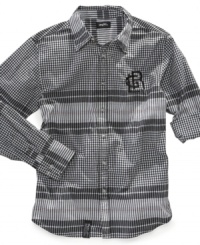 Spice up his button down collection with this cool mixed plaid shirt from LRG. Spice up his button down collection with this cool mixed plaid shirt from LRG.