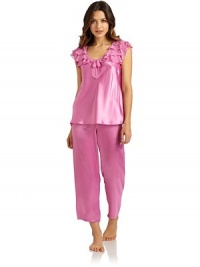 THE LOOKTiers of chiffon ruffles adorn the yoke and cap sleevesV-neck with center chiffon bowSatin bodySatin drawstring waist pajama pantsTHE FITTop: about 25 from shoulder to hemPants: rise, about 10; inseam, about 26THE MATERIALPolyesterCARE & ORIGINMachine washImported THE LOOKTiers of chiffon ruffles adorn the yoke and cap sleevesV-neck with center chiffon bowSatin bodySatin drawstring waist pajama pantsTHE FITTop: about 25 from shoulder to hemPants: rise, about 10; inseam, about 26THE MATERIALPolyesterCARE & ORIGINMachine washImported