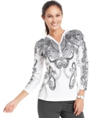 Style&co. Sport's hooded henley is the perfect active top for a cool day. A chic print and rhinestone embellishments offer a fashionable look for fall! Style&co. Sport's hooded henley is the perfect active top for a cool day. A chic print and rhinestone embellishments offer a fashionable look for fall!