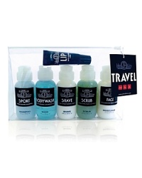 A 6-Pack of 2 oz. hair & skin essentials plus lip balm Guy tested, airline approved* SPORT shampoo* BODYWASH cleanser* SHAVE cream* SCRUB Exfoliant* FACE moisturizer* LIP balm* Packed in a clear pvc bag for easy travel A 6-Pack of 2 oz. hair & skin essentials plus lip balm Guy tested, airline approved* SPORT shampoo* BODYWASH cleanser* SHAVE cream* SCRUB Exfoliant* FACE moisturizer* LIP balm* Packed in a clear pvc bag for easy travel