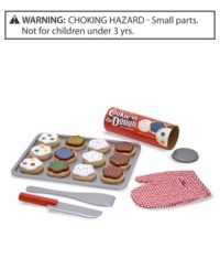 This colorful wooden set includes 12 wooden, sliceable cookies and 18 toppings, wooden knife, spatula, cookie sheet and a kitchen mitt for safe, low-calorie play!  The cookies store in a durable dough tube.