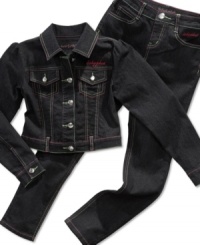 The perfect look for the leader of the pack. She'll look sweet in the style of this denim jacket from Baby Phat. The perfect look for the leader of the pack. She'll look sweet in the style of this denim jacket from Baby Phat.
