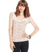 Bring on the adorable style with this short sleeve top from American Rag! A lace inset at the chest makes this floral-print cutie extra femme.