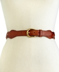 Elevate any ensemble with this vintage-chic Fossil belt that makes a classic contemporary. The antiqued brass-tone buckle is paired with a mod woven pattern, for a look that's altogether eye-catching.
