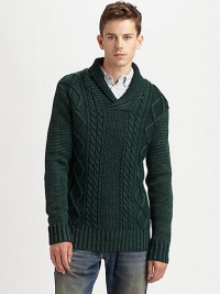 A seasonal look that is both smart and sophisticated, this chunky pullover is knitted to perfection with great detail in superior wool.Shawl collarRibbed knit collar, cuffs and hemWoolDry cleanImported A seasonal look that is both smart and sophisticated, this chunky pullover is knitted to perfection with great detail in superior wool.Shawl collarRibbed knit collar, cuffs and hemWoolDry cleanImported
