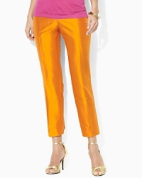 Crisp silk dupioni gives off a brilliant luster on our Susane pant, rendered in a slim-fitting silhouette. Crisp silk dupioni gives off a brilliant luster on our Susane pant, rendered in a slim-fitting silhouette.